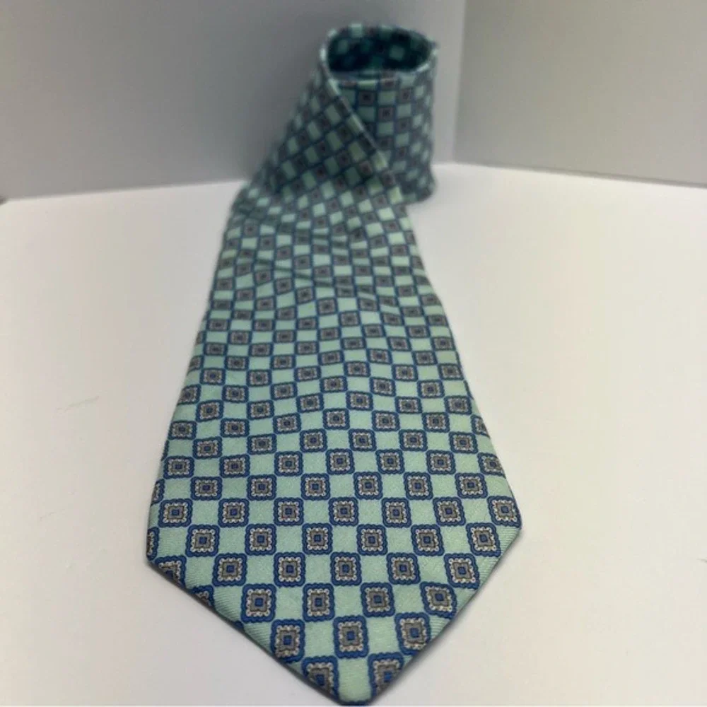 Bellinzona Silk Tie Mens Blue Grey Geometric Medallion Mint Green Hand Sewn USA